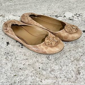 Tory Burch ballet flats tan beige light brown leather snake skin